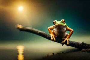 a frog sitting on a branch in the dark. AI-Generated photo