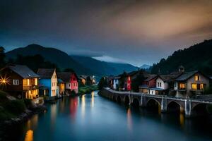 foto fondo de pantalla el cielo, agua, montañas, casas, puente, río, ciudad, noche,. generado por ai