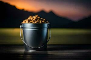 a bucket filled with nuts on a table. AI-Generated photo