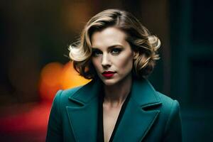 a woman in a green coat and red lipstick. AI-Generated photo