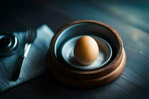 an egg in a bowl on a table. AI-Generated photo