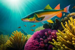 fish swimming in the ocean with colorful coral. AI-Generated photo