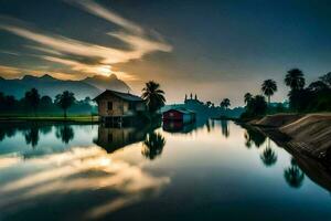 un casa en el río con un montaña en el antecedentes. generado por ai foto