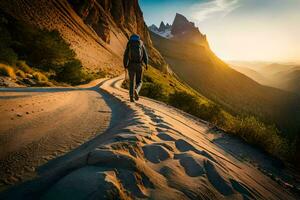a man walking on a path in the mountains. AI-Generated photo