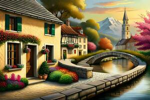 a painting of a village with a bridge and flowers. AI-Generated photo