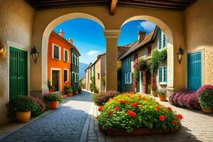 a narrow street with colorful houses and flowers. AI-Generated photo
