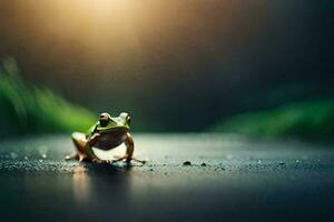 a frog sitting on the ground in the sun. AI-Generated photo