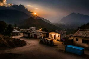 the sun sets over a village in the mountains. AI-Generated photo