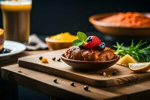 un de madera corte tablero con comida en él. generado por ai foto