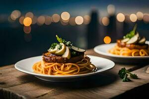 spaghetti with meat and vegetables on a wooden table. AI-Generated photo