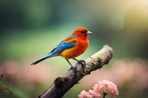 a colorful bird sits on a branch in a field. AI-Generated photo