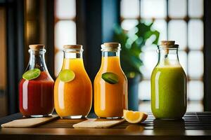 five different types of juices in glass bottles. AI-Generated photo