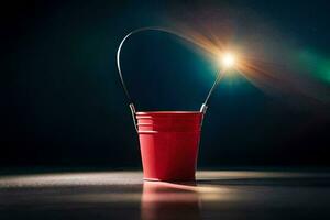 a red bucket with a light shining from it. AI-Generated photo