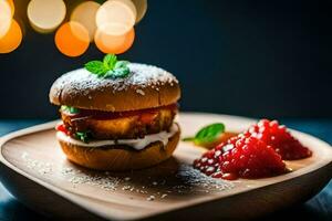 a burger with strawberry jam and a cherry on top. AI-Generated photo