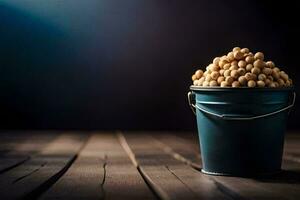 soy beans in a bucket on a wooden table. AI-Generated photo