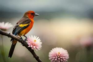 a colorful bird sits on a branch with pink flowers. AI-Generated photo