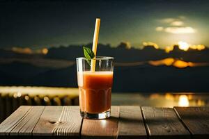 a glass of juice with a straw on a wooden table. AI-Generated photo