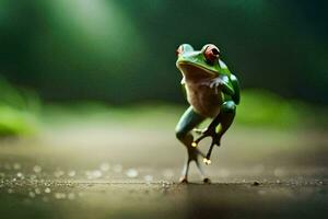 a frog is standing on its hind legs in the rain. AI-Generated photo