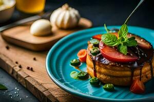 un plato con un tortita coronado con vegetales. generado por ai foto