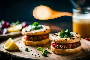 two mini burgers on a wooden board with a glass of beer. AI-Generated photo