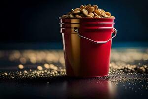 a red bucket filled with peanuts on a dark background. AI-Generated photo