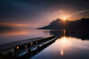 un muelle en el medio de un lago a puesta de sol. generado por ai foto