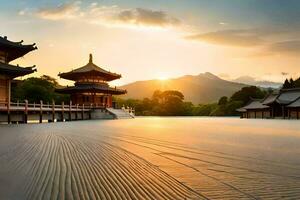 the sun sets over a pagoda in china. AI-Generated photo