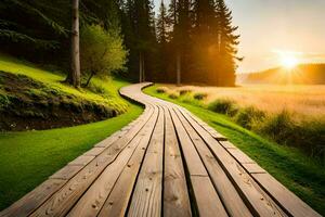 wooden path in the forest at sunrise. AI-Generated photo