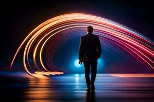 a man in a suit walks through a tunnel of light. AI-Generated photo