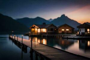 photo wallpaper the sky, mountains, lake, house, the water, the lake, the mountains. AI-Generated