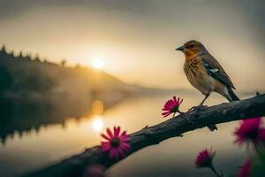 un pájaro se sienta en un rama cerca un lago a puesta de sol. generado por ai foto