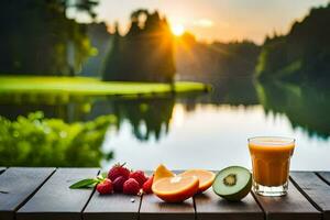 Fresco Fruta y jugo en el mesa en el Mañana. generado por ai foto