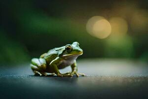 a frog sitting on the ground with a blurry background. AI-Generated photo