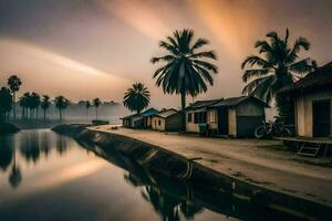 a river with houses and palm trees in the background. AI-Generated photo