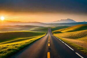 an empty road in the middle of a field with the sun setting. AI-Generated photo
