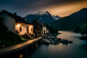 photo wallpaper the sky, mountains, lake, house, the house, the lake, the house. AI-Generated