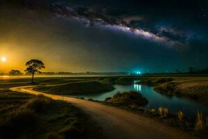 el lechoso camino terminado un campo a noche. generado por ai foto