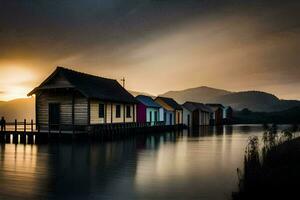 a row of wooden houses on the water at sunset. AI-Generated photo