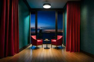 a room with red chairs and a table with a view of the city. AI-Generated photo