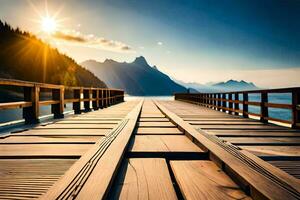 a wooden bridge over a lake with mountains in the background. AI-Generated photo