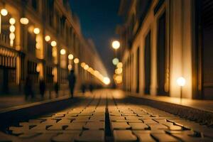 un calle a noche con luces en el edificios generado por ai foto