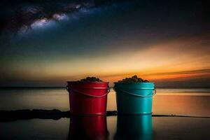 two buckets sit on the shore of a lake with a milky sky in the background. AI-Generated photo