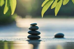 a stack of stones sitting on the water with a leaf in the background. AI-Generated photo