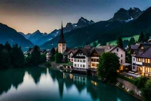 un pueblo se sienta en el borde de un lago a oscuridad. generado por ai foto