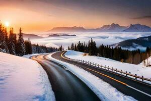 a road in the mountains with snow and clouds. AI-Generated photo
