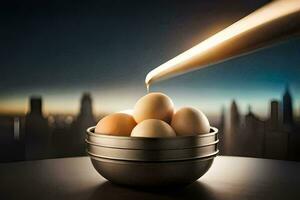 a bowl of eggs with a light being poured into it. AI-Generated photo