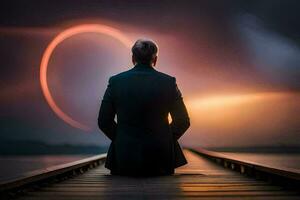 a man in a suit sits on a dock looking at an eclipse. AI-Generated photo