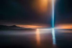 a long exposure photograph of a light beam shining over the ocean. AI-Generated photo