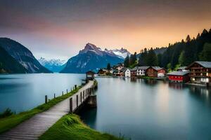 un lago y un muelle con casas en él. generado por ai foto