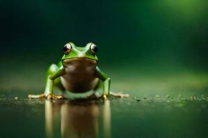 un rana sentado en el suelo con un verde antecedentes. generado por ai foto